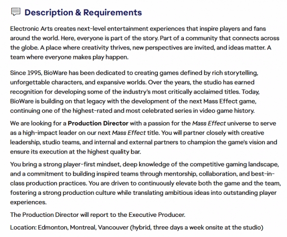 《质量效应5》项目仍在低调推进之中，BioWare正在进行关键岗位的招聘工作。