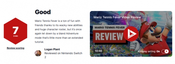 《马里奥网球：狂热》IGN评为7分：多人合作时体验格外精彩！